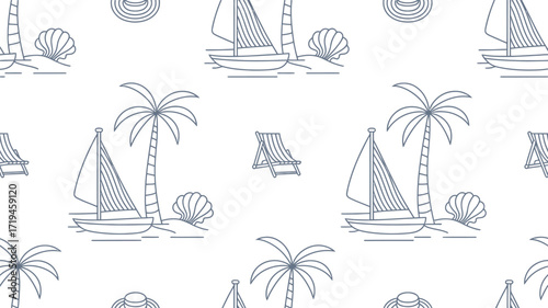 Dreaming of sun-soaked beaches and serene seaside escapes with this seamless pattern featuring palm trees, sailboats and seashells, perfect for summer designs and vacation vibes