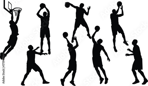 Basketball player silhouettes, dynamic action poses, dunk dribble shoot illustration, black and white design, sports art, athletic movement, fitness concept, competitive game, modern graphic