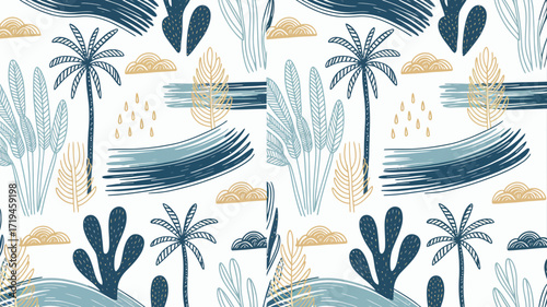 Trendy tropical seamless pattern design featuring hand drawn palm trees and abstract foliage perfect for summer textiles and vibrant fashion prints adding a touch of exotic paradise style