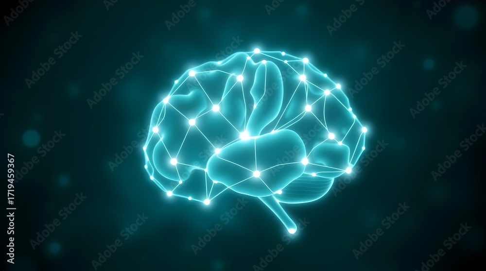 Obraz premium Human Brain: Neural Network Visualization - Teal Abstract Background.