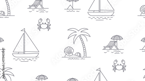 Dreaming of summer vibes with this seamless pattern featuring palm trees, sailboats, beach chairs, and playful crabs, perfect for coastal designs and vacation-themed projects