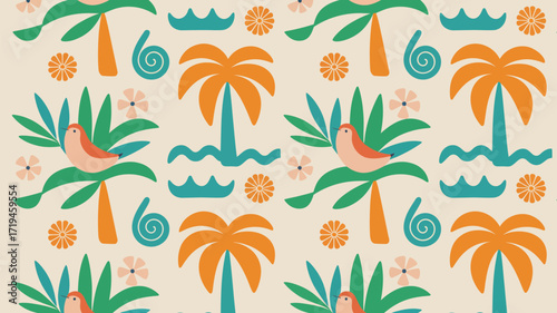 Whimsical tropical pattern with birds nestled in palm trees, perfect for summer vibes and vacation themes, bringing a touch of paradise to your designs and adding a playful, vibrant feel