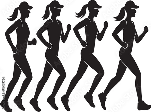 Running motion sequence vector illustration in black and white with four dynamic silhouettes featuring ponytail and visor for fitness and animation themes
