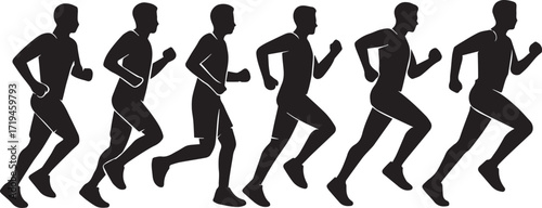 Running stride sequence vector illustration in black and white with six dynamic silhouettes for sports, animation and human movement design theme