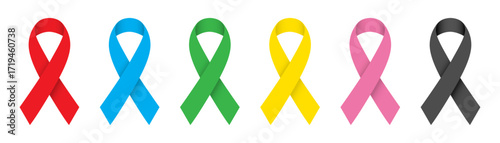 Cancer HIV AIDS awareness ribbon symbols set in different colors for health and support vector illustration.