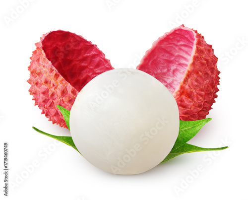 One peeled lychee fruit with leaves isolated on white background