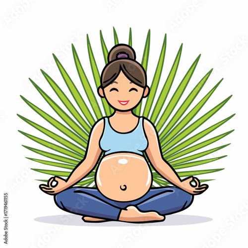 Pregnant woman meditating in lotus pose with serene expression.