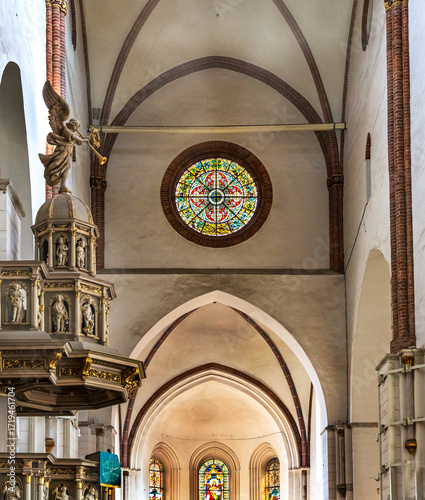 Interior view of medieval Catholic church in old district of European city