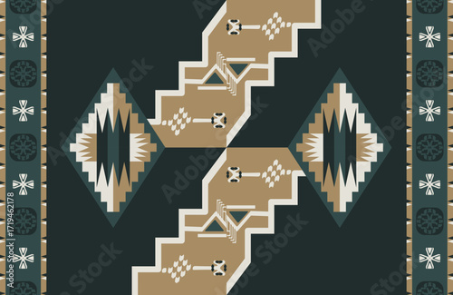 Seamless geometric rug design, Southwestern native inspired with tribal symmetry abstract pattern.