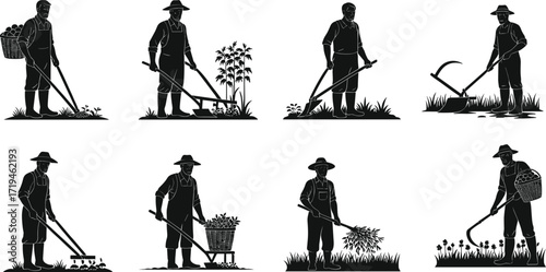 Farmer silhouettes, agricultural work illustration, traditional farming scene, black and white design, harvest concept, rural lifestyle, crop cultivation, manual labor, cultural art