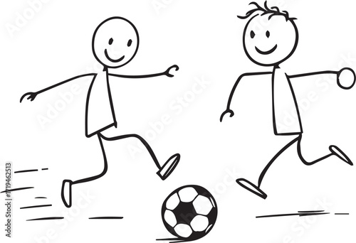 Stick figure soccer players vector illustration in black and white with smiling characters and motion lines for sports, play and childhood themessoccer, football, play, sport, stick, figure, cartoon, 