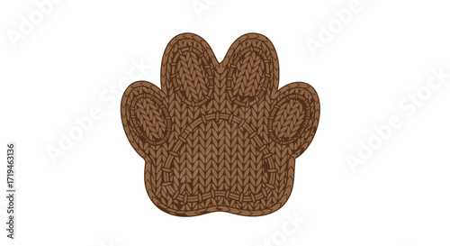 Warm and inviting brown paw print graphic featuring a detailed knitted texture, perfectly isolated on a clean white background, ideal for pet-themed designs, cozy home decor, or digital craft projects
