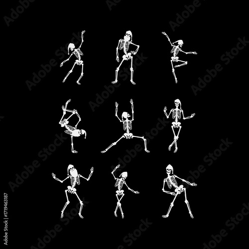 Collection of dancing skeletons in various poses on a black background