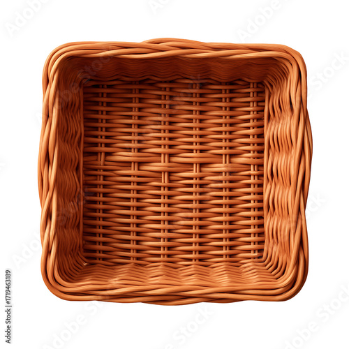 Woven wicker basket empty top view isolated on transparent background