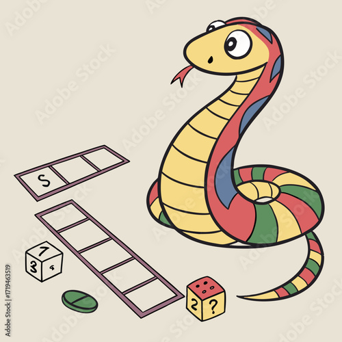 A colorful cartoon snake character sits near game pieces including dice and game boards with spaces for playing