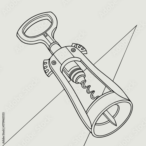 A simple black and white line drawing of a wing corkscrew wine opener on a light gray background