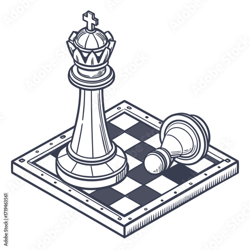 A lone chess king stands tall on a checkered board next to a fallen pawn representing victory and defeat