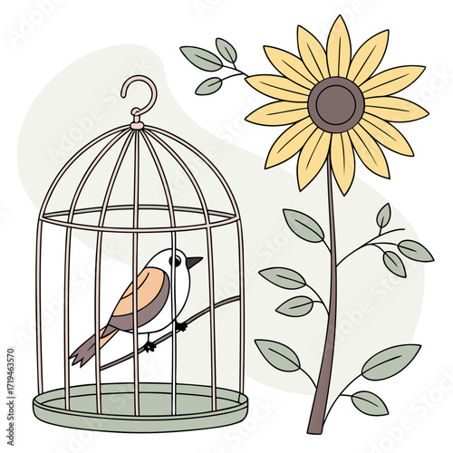 A small bird sits on a perch inside a pastel pink birdcage next to a tall sunflower