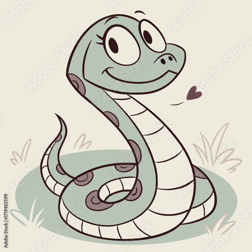 Adorable cartoon snake with big eyes and a friendly smile sitting in the grass