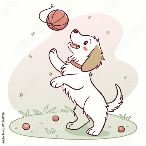 Cute cartoon dog happily playing with a ball on the grass outdoors with a playful expression