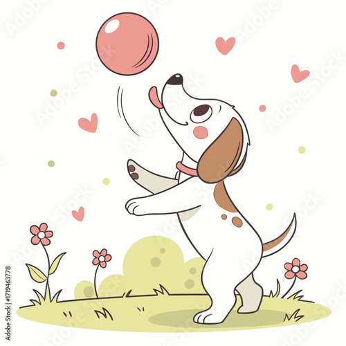 Cute cartoon puppy happily playing with a pink ball in a grassy field with flowers and hearts