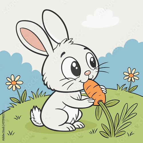 Cute cartoon white bunny rabbit happily eating a fresh carrot in a sunny meadow with flowers