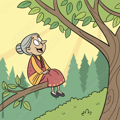 Joyful elderly woman with gray hair sitting on a tree branch enjoying a sunny day outdoors