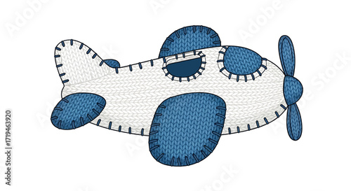 Adorable stitched toy airplane illustration with blue details. A charming design element for baby boy shower invitations, nursery decor, or kids' crafts isolated on a white background