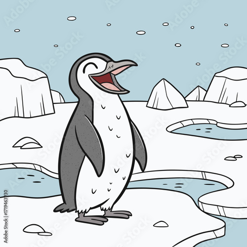 Joyful cartoon penguin standing on ice floes with a happy expression and open beak