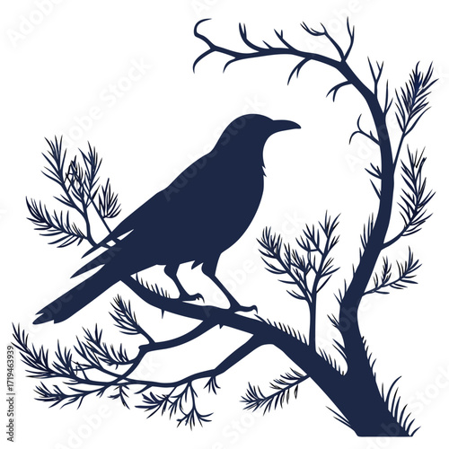 Silhouette of a dark blue crow perched on a bare tree branch against a white background