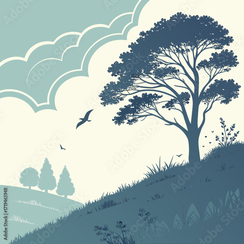 Serene silhouette landscape with a majestic tree flying birds and rolling hills under a cloudy sky