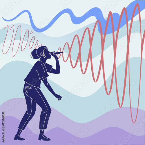 Silhouette of a woman singing into a microphone with sound waves emanating outwards in a stylized abstract background