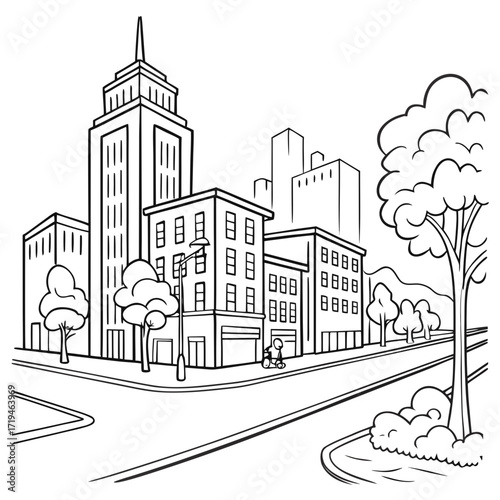 Simple black and white line drawing of a city street with buildings trees and a person riding a bicycle