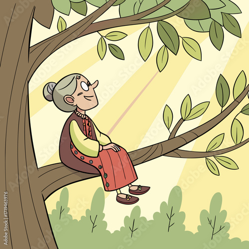 Smiling elderly woman with gray hair enjoying a peaceful moment sitting on a tree branch bathed in sunlight