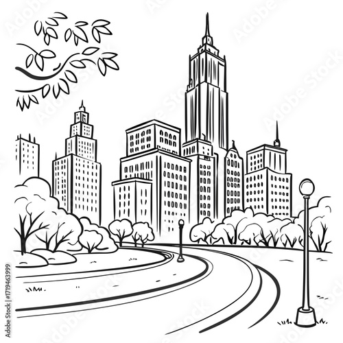 Sketch of a new york city skyline with empire state building and park landscape