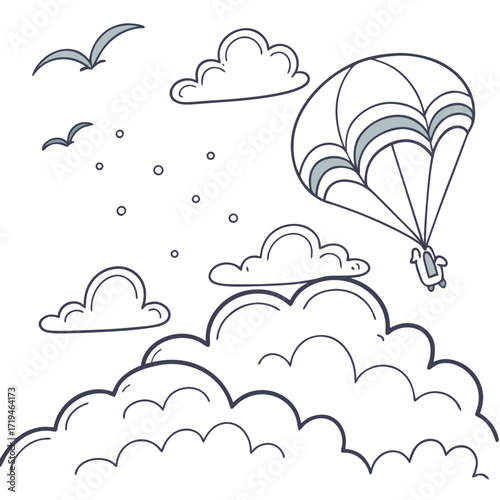 Whimsical hand drawn illustration of a person skydiving with a parachute amongst fluffy clouds and flying birds