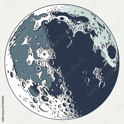 Detailed stylized illustration of the moon s surface with craters and seas in a flat design style