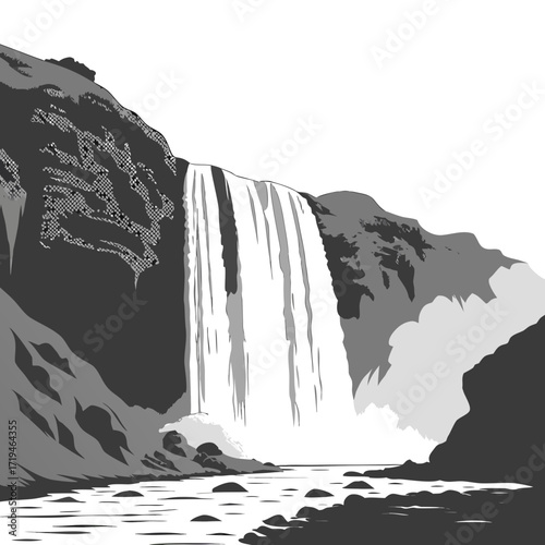 Dramatic monochrome illustration of a powerful waterfall cascading down a rocky cliff into a serene river