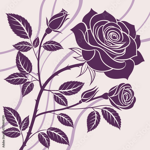 Elegant purple rose silhouette with buds and leaves on a light background with flowing abstract lines