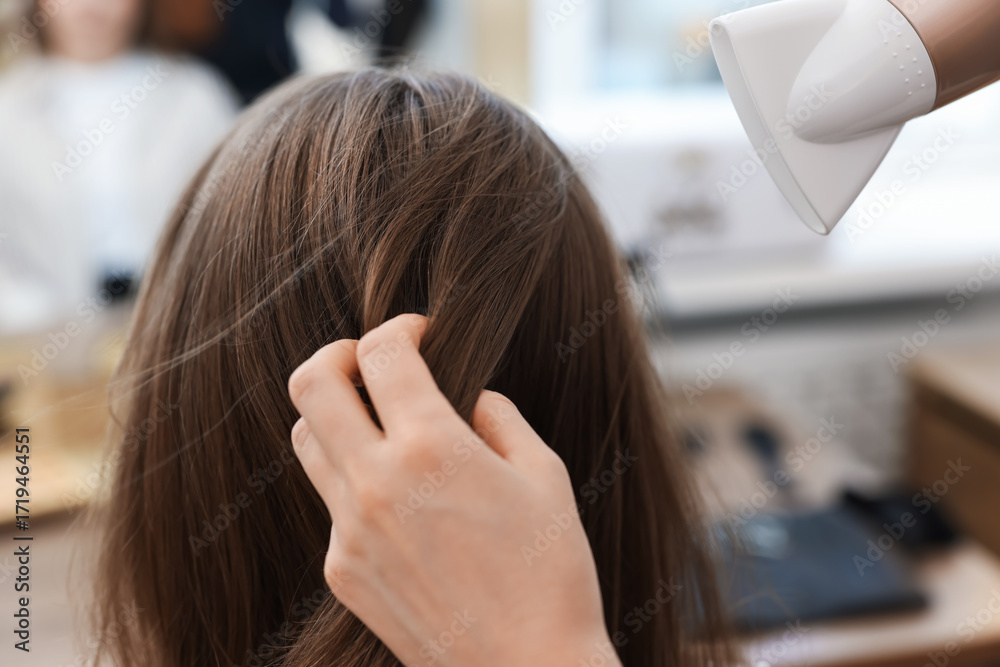 Naklejka premium Hairstylist blow drying client's hair in salon, closeup