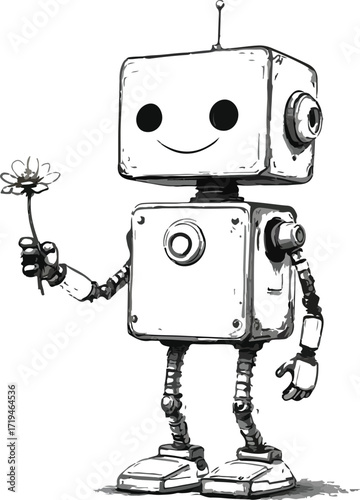 Cartoon robot holding flower vector illustration in black and white with boxy design and smiling face for tech, emotion and whimsical themes