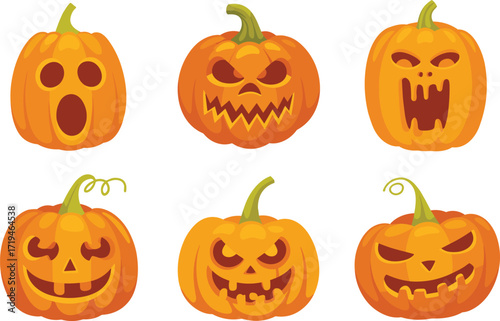 Halloween pumpkin illustration, six carved jack-o'-lanterns with unique expressions spooky festive design, glowing faces, vector clipart artwork