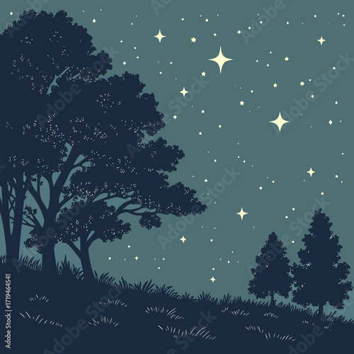 Silhouette of lush trees and grass under a starry night sky with glowing celestial bodies