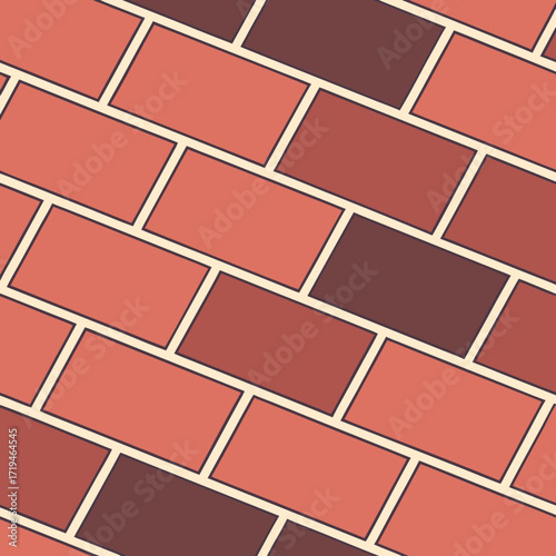 Seamless pattern of staggered red and maroon bricks with cream colored grout lines