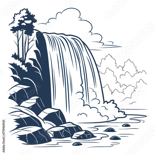 Stylized illustration of a majestic waterfall cascading over rocks into a serene river surrounded by lush trees and clouds