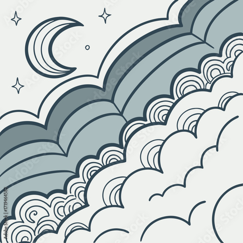 Stylized crescent moon and stars above abstract clouds in a dreamy night sky illustration