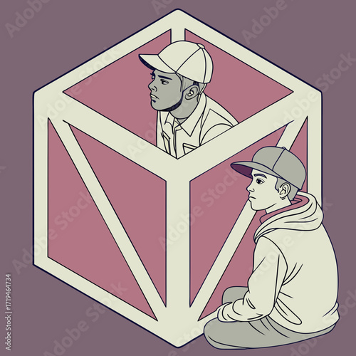 Two young men wearing baseball caps one inside a geometric cube and the other sitting outside