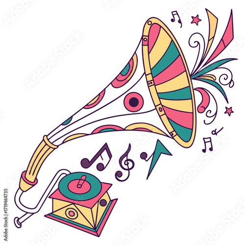 Vintage gramophone with colorful abstract patterns and musical notes celebrating a festive sound experience