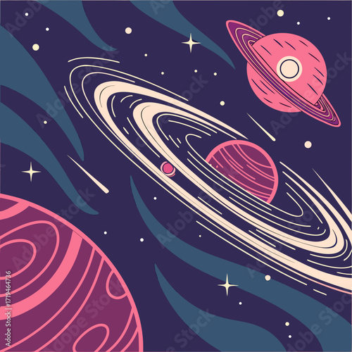 Vibrant cosmic scene with stylized planets rings and shooting stars in a deep purple galaxy
