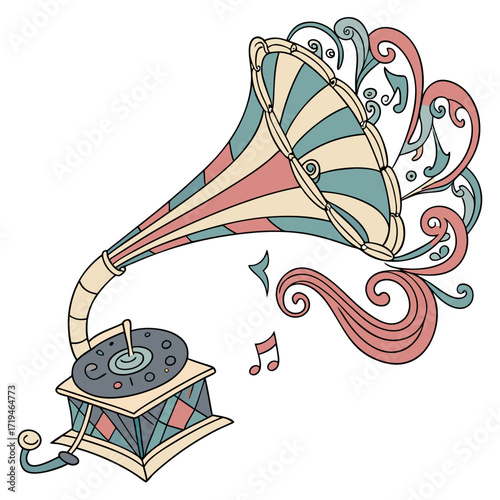 Vintage gramophone with flowing musical notes and decorative swirls in pastel colors